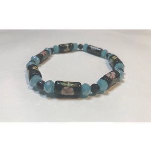 Ankle Bracelet, Handmade, Blue and Black, Floral